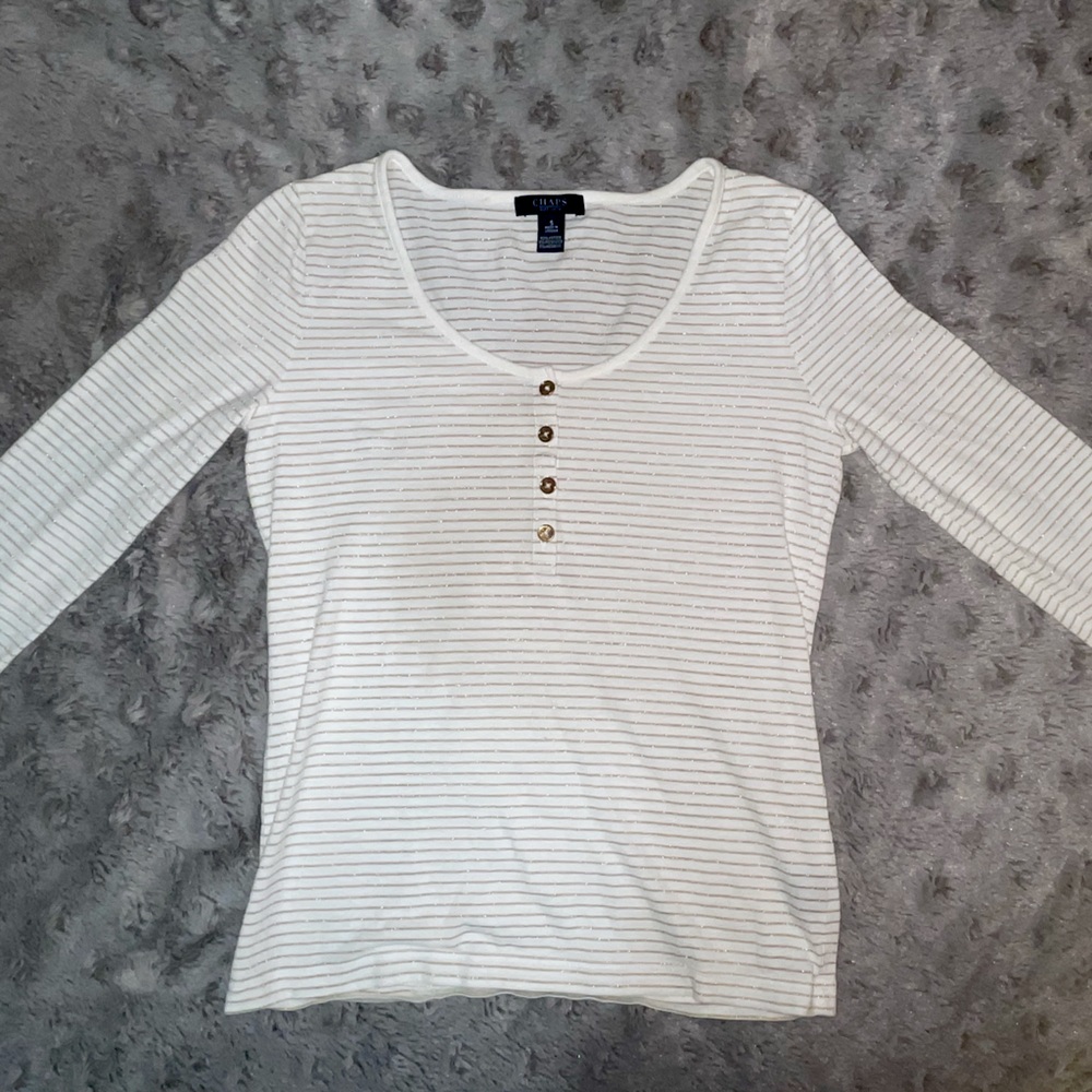 Chaps White and Gold Metallic 3/4 Sleeve Top
